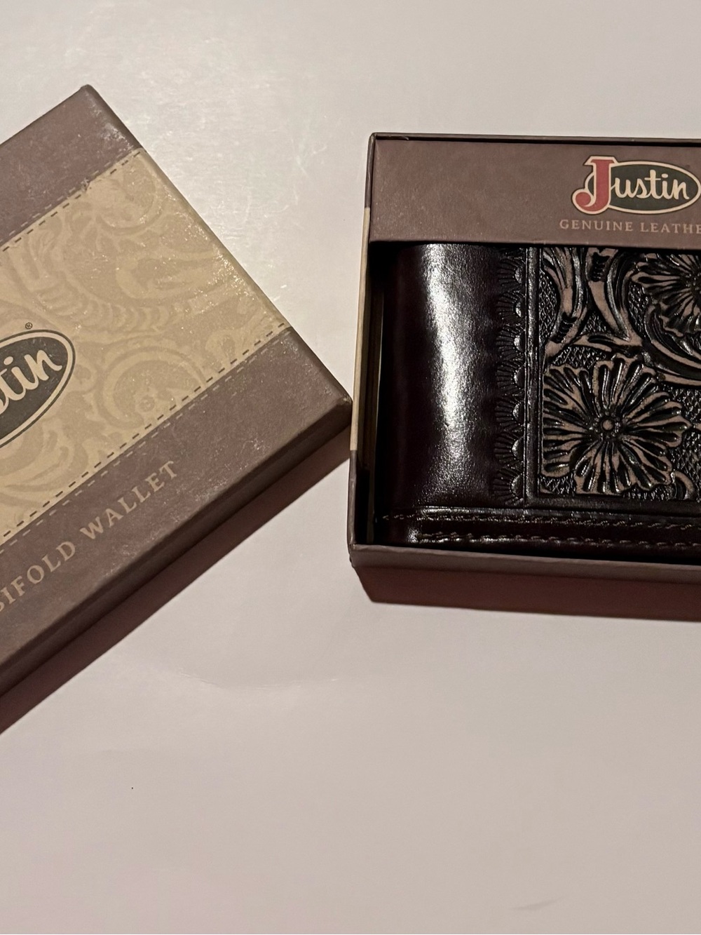 Justin Boots Dark Brown Floral Tooled Leather Card Holder